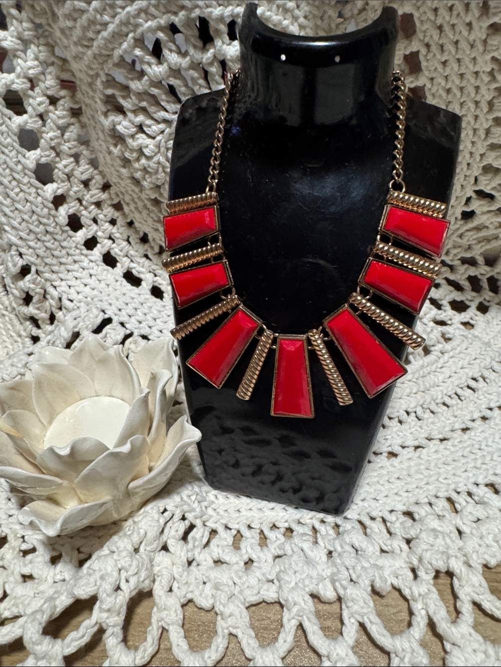 Red Statement Bib Necklace - Gold Tone